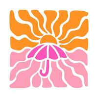 Umbrella with sun with wavy rays background in warm retro autumn colors. Groovy hippie backdrop vector