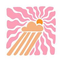 Rainy cloud with sun with wavy rays background in warm retro autumn colors. Groovy hippie backdrop vector
