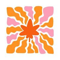Maple leaf with wavy sun rays background in warm retro autumn colors. Groovy hippie backdrop vector