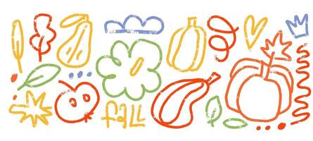 Crayon scribble texture autumn elements set with mushroom, stars, apples, pumpkin, oak leaves. textured childish illustration for fall season. vector