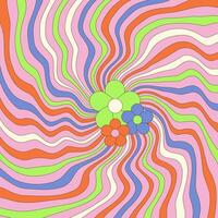 Groovy background with wavy rays and daisy flowers. Swirl sunburst rays backdrop. 70s Hippie retro style. illustration vector