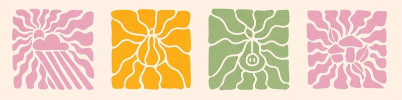 Autumn groovy natural shapes in Matisse curves aestethic. Groovy abstract fall art set. Organic doodle shapes in trendy naive retro hippie 60s 70s style. Botanic illustration vector