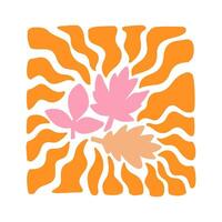 Fall leaves with wavy sun rays background in warm retro autumn colors. Groovy hippie backdrop vector