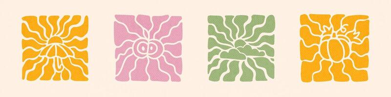 Retro Groovy Autumn Background Set. Abstract Wave Ray Pattern in Trendy 70s Style. Boho Colorful Groovy Season Fall Psychedelic Vintage Background. Graphic Fun Hippie Poster. Abstract Wallpaper. vector