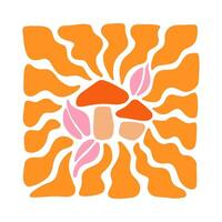 Mushroom with wavy sun rays background in warm retro autumn colors. Groovy hippie backdrop vector