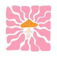 Mushroom with wavy sun rays background in warm retro autumn colors. Groovy hippie backdrop vector