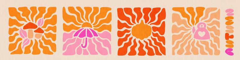 Set of fall season elements with wavy sun rays backgrounds in warm retro autumn colors. Groovy hippie backdrop. Retro 60s 70s psychedelic wavy design. collection of wallpaper templates. vector