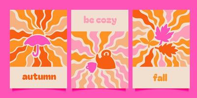 Set retro groovy abstract posters or covers in trendy 70s style. Happy autumn day greeting cards collection. Simple flat hand drawn illustration. Cozy themes with wavy rays. vector