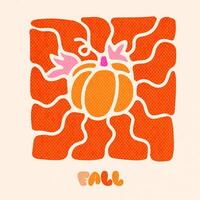 Groovy autumn pumpkin season greeting card template. Hand drawn cute fall vegetable with wavy rays. Trendy hippie nostalgic design, psychedelic Thanksgiving print with retro paper texture vector