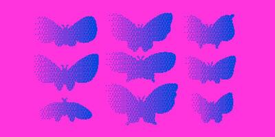 Set of 8-bit pixel-art style stickers with an flat gradient butterflies silhouettes on a pink background. Collection of fancy y2k retro bitmap elements for design. illustration. vector