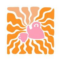 Teapot with wavy sun rays background in warm retro autumn colors. Groovy hippie backdrop vector