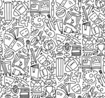 Seamless pattern with collection of doodle-style childish hobbies illustrations. Linear elements - ballet shoes, bow, mike, books, theatre and painting elements. linear illustration. vector