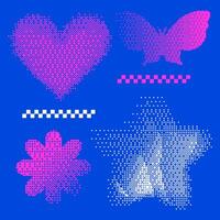 Unusual Strange Trendy Geometric Bitmap Shapes Composition In Antidesign Maximalism Collage Technique. Acid Figures, Pixelated Distortion. Heart, butterfly, flower, star shapes set. vector