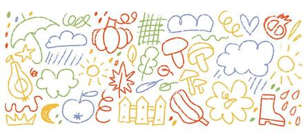 Abstract cute shape doodle hand drawn Autumn illustrations. Pencil textured childish elements. collections of isolated items. vector