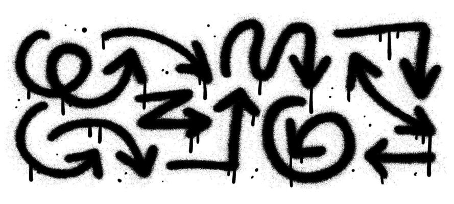 Set of Spray painted urban graffiti Arrows in black over white isolated on white background. Spray paint textured illustration