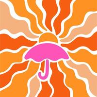 Umbrella with sun with wavy rays background in warm retro autumn colors. Groovy hippie backdrop vector