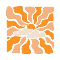 Rainy cloud with sun with wavy rays background in warm retro autumn colors. Groovy hippie backdrop vector