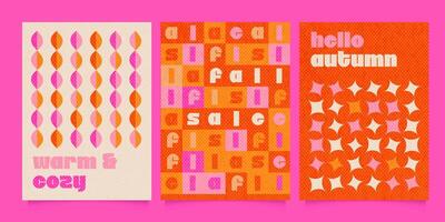 Fall sale flyers set. Autumn themed bright covers collection. Fall leaves, simple geometric patterns for design. Vertical Template for print. for seasonal offers,presentation,shopping vector