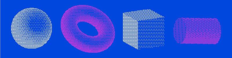 Bitmap pixelated simple 3d shapes set. Dither halftone geometric object collection. Pixelated sphere, ring, cube, cylinder elements for 80s banner, poster, leaflet. Pixel effect illustration. vector