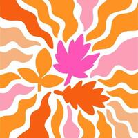 Fall leaves with wavy sun rays background in warm retro autumn colors. Groovy hippie backdrop vector