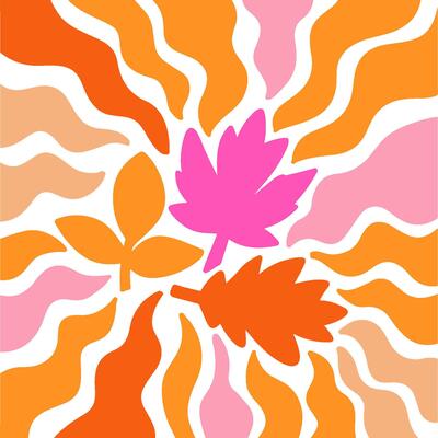 Fall leaves with wavy sun rays background in warm retro autumn colors. Groovy hippie backdrop