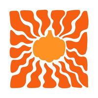 Pumpkin with wavy sun rays background in warm retro autumn colors. Groovy hippie backdrop vector
