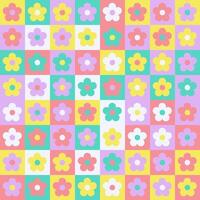 Hippy colorful chamomile flowers on checkered background. seamless pattern in soft retro pastel colors. vector