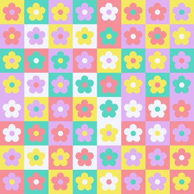 Hippy colorful chamomile flowers on checkered background. seamless pattern in soft retro pastel colors.