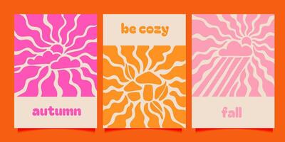 Abstract retro aesthetic backgrounds set with groovy wavy sun rays. Vintage art prints with autumn sky, clouds, mushrooms. Hippie 60s, 70s, 80s style. bright flat art. vector