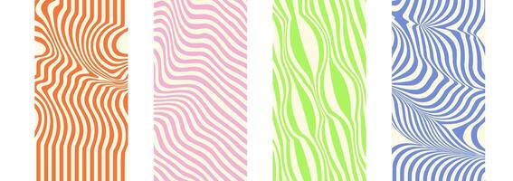 Groovy hippie 70s backgrounds set. Waves, swirl, twirl pattern collection. Twisted and distorted texture in trendy retro psychedelic style. Y2k aesthetic. illustration vector