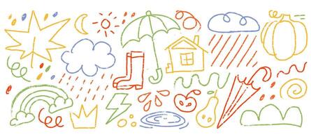 Collection of hand drawn colorful autumn charcoal doodle shapes and squiggles in childish style. Naive pencil drawings isolated on white. Umbrella, cloud, leaves, pumpkin doodle collage elements. vector