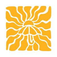 Umbrella with sun with wavy rays background in warm retro autumn colors. Groovy hippie backdrop vector