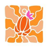 Pumpkin with wavy sun rays background in warm retro autumn colors. Groovy hippie backdrop vector