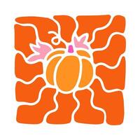 Pumpkin with wavy sun rays background in warm retro autumn colors. Groovy hippie backdrop vector