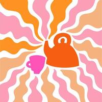 Teapot with wavy sun rays background in warm retro autumn colors. Groovy hippie backdrop vector