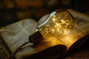 Vintage light bulb shining light on open book spreading knowledge photo