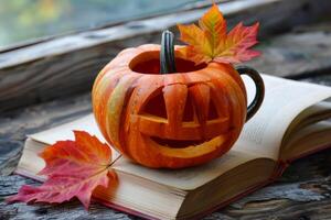 Smiling jack o'lantern sitting on open book with fall leaves photo