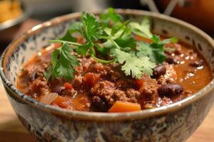 Close up on a bowl of spicy chili garnished with fresh cilantro photo