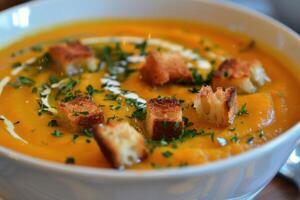 Steaming hot butternut squash soup garnished with croutons and parsley photo