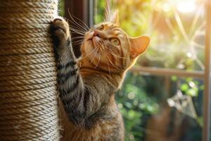 Cute tabby cat sharpening claws on a scratching post photo