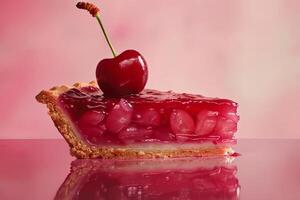 Slice of cherry pie with cherry on top reflecting on pink photo