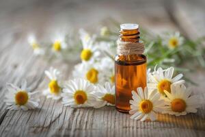Small bottle of essential oil surrounded by fresh chamomile flowers on rustic wooden background photo