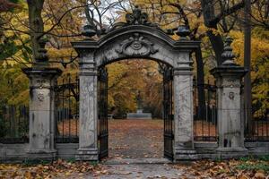 Majestic stone archway leading to autumnal park with fallen leaves photo