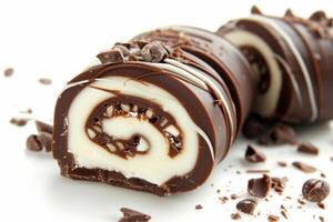 Chocolate and white chocolate swirls topped with chocolate chips photo