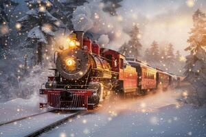 Red steam train traveling through snowy forest at christmas time photo