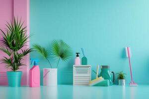 Cleaning products standing on floor in front of blue and pink wall with plants photo