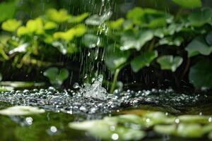 Water splashing down on rocks in a stream surrounded by green plants photo
