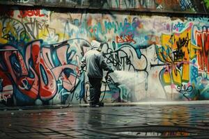 Man removing graffiti from a concrete wall using a pressure washer photo