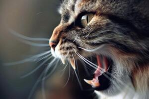 Angry maine coon cat showing teeth and claws photo