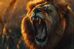 Powerful lion showing its teeth and roaring in the wilderness photo